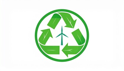 Obraz premium Green recycling arrows circle with wind turbine and leaves eco energy concept