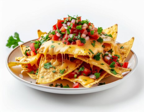 Crispy nacho chips with melted cheese and fresh tomato salsa