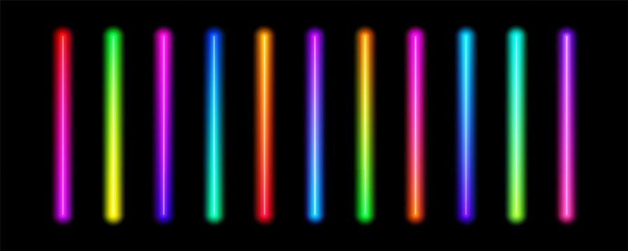 Bright gradient neon tube lamp set. Iridescent led light line beam collection. Shiny luminous fluorescent bar sticks. Glowing colorful strip element pack to divide, separate, decorate. Vector