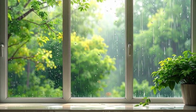 Rainy window view with green plants and blurred garden in soft natural light