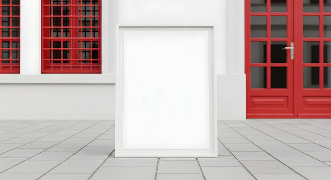 Blank white sandwich board A-frame sign mockup on a sidewalk in front of a building with red doors and windows, for business.