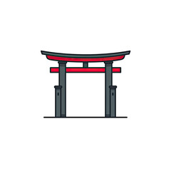 Simplified graphic of a Japanese torii gate, red and grey against a stark black background