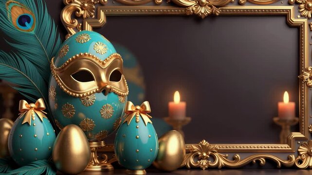 Ornate golden frame, teal Easter eggs with gold patterns, peacock feathers, gold mask with black eye holes, two lit candles, dark background, eggs with gold bows, elegant, luxurious.