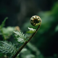 Delicate fern frond unfurling in verdant forest growth