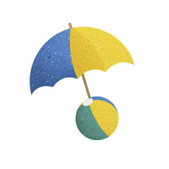 A paper textured illustration of a beach umbrella and a matching beach ball
