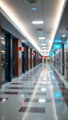 Fototapeta premium Blurred hospital corridor, clean aisle, defocused lobby, event hall, corridor, hospital