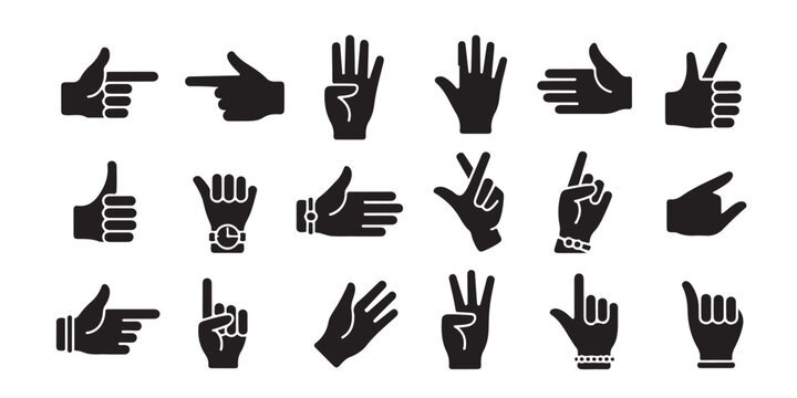 Hand gestures black icons set. pointing, thumbs up, and numbers counting
