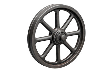 Obraz premium Dark gray cast iron spoked wheel with central hub on black background metal, Png, Isolated on Transparent Background, Cut Out