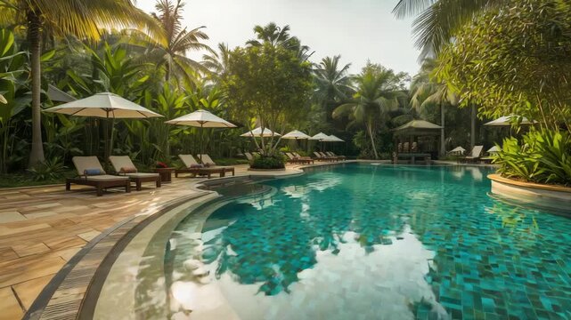 Tropical resort pool lounge chair umbrella palm tree serene water reflecting tranquil morning light