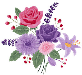 Illustration of a floral bouquet with various blooms and greenery, isolated on black