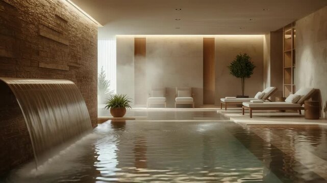 Luxury indoor spa pool with waterfall lounge chair and warm ambient light serenity