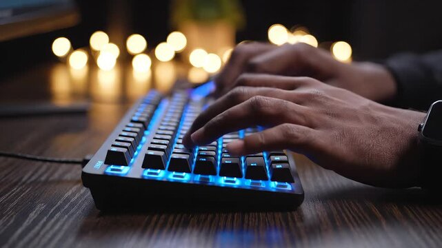 Hands typing on a backlit keyboard