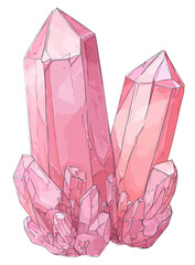 Two large pink quartz crystal formations, hand-drawn style, detailed shadows