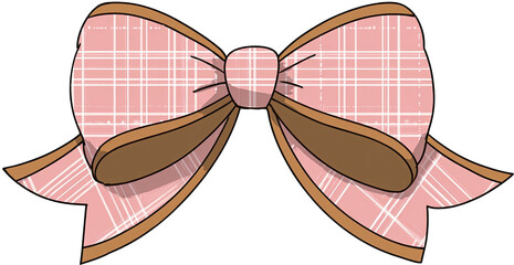 Cartoon illustration of a pastel pink bow with a plaid pattern and brown trim