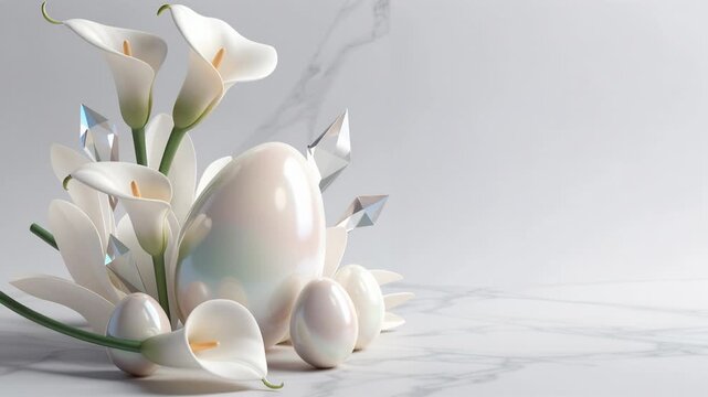  a glossy, pastel-colored egg surrounded by white calla lilies and crystal-like shards. The egg and flowers are positioned on a marble surface with a light gray background.