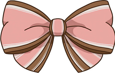 Cartoon illustration of a pastel pink bow with brown outlining and white stripes