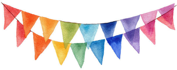 Obraz premium Watercolor depiction of a rainbow-colored bunting. Flags of various hues hang in a row