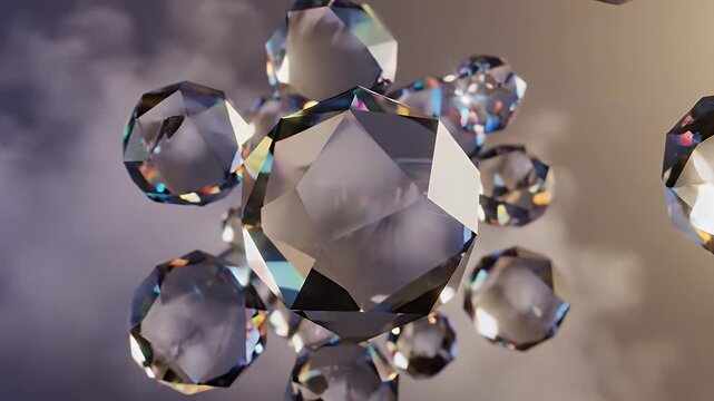 Abstract 3D render of a crystalline molecule structure with transparent faceted spheres floating in a hazy atmosphere.