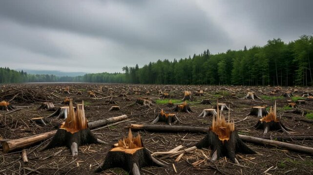Deforestation: A vast field of tree stumps and debris with a green forest in the background