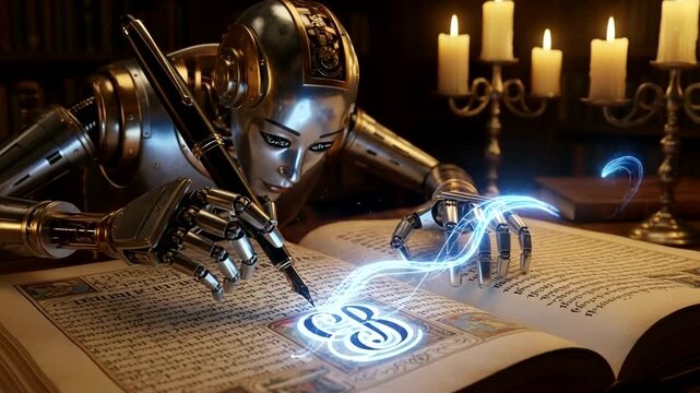 Robotic hand writing with glowing ink on old book.