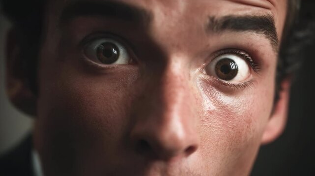 Close-up Portrait of a Surprised Young Man with Wide Eyes and Open Mouth. Perfect for concepts related to breaking news, unexpected results, astonishment, and viral reactions.