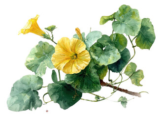 Watercolor depiction of a vibrant yellow flower with green leaves and a vine-like stem
