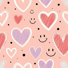Hand Drawn Hearts Smiley Faces Pattern Pink Background