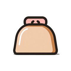 Flat icon depicts a purse shape with a rounded base, pink closure and thick outline on a black background