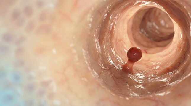 3D rendering of a colon polyp or growth inside a human intestine, illustrating a potential medical condition.