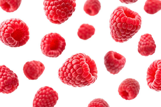 Fresh raspberries floating isolated on transparent background
