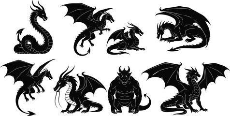 Dragon silhouette vector set, mythical creature collection, flying dragon icons, fantasy monster silhouettes, medieval beast graphics, isolated dragon wings, fire-breathing serpent. © Mukta