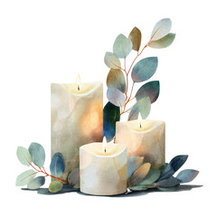 Watercolor candles with eucalyptus. Romantic, warm, relaxing, and aesthetic illustration on a black background