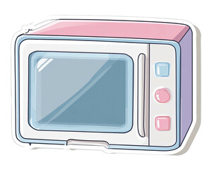 A cartoon microwave, mostly white, with blue and pink accents and a clear door
