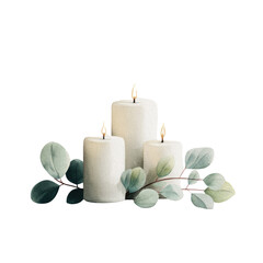 Three illuminated white candles with green leafy branches on a black background