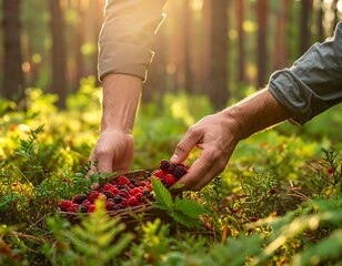 A person picking red and purple berries in a sunlit forest