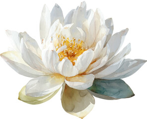 Delicate watercolor depiction of a pristine, white lotus flower with golden center, on a transparent background
