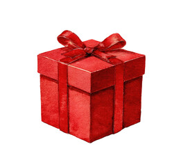 Fototapeta premium A watercolor painting of a red gift box with a ribbon and bow on a black background
