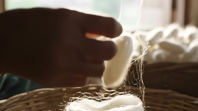 Craftsperson Extracts Silk Fibers From Silkworm Cocoons by Hand