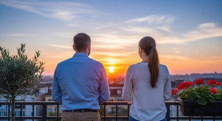 Fototapeta premium A couple stands on a balcony overlooking a city during a vibrant sunset