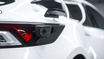Naklejka premium Close-up of a white cars rear view camera and taillight, highlighting modern automotive technology and design.
