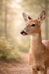 Close up portrait of beautiful wild deer doe looking in nature forest background, cute innocent young female animal standing in morning sunlight concept.