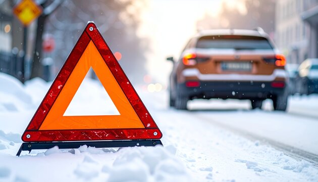 Emergency warning triangle on snowy road with blurred car in background, winter driving safety.