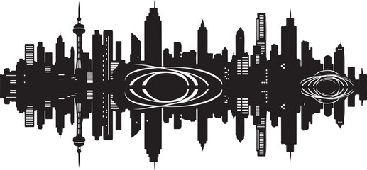 Obraz premium City Skyline Silhouette with Sound Wave Design Elements Graphic