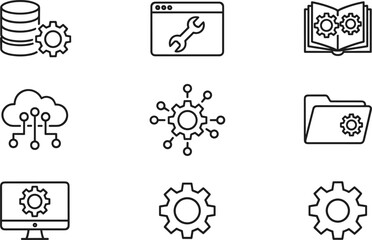 Fototapeta premium Technology and system settings icon set featuring cloud database network configuration development and gear symbols