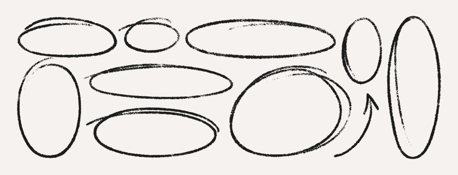 Hand-drawn Crayon Scribble Highlight. Vector Chalk and Pencil Line Oval and Circle Shapes. Doodle Ellipse Icon Set in Kids Style for Sticker, Banner, Poster, Web Design and Social Media