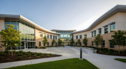 Fluid architectural forms gracefully curve around the modern campus courtyard, showcasing innovative design under a serene sky