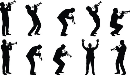 Set of trumpet player silhouettes performing jazz music in expressive standing and bending poses isolated on white background for band vector illustration © Jakir