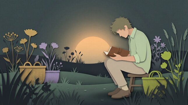 Man reading book in a serene garden at sunset.