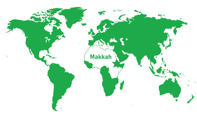 Obraz premium Green world map vector with makkah label showing global locations of continents