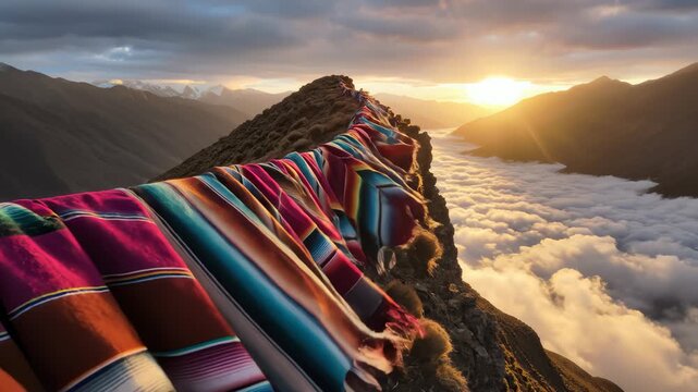 Colorful Cloth on Mountain Top With View of Sunset and Clouds